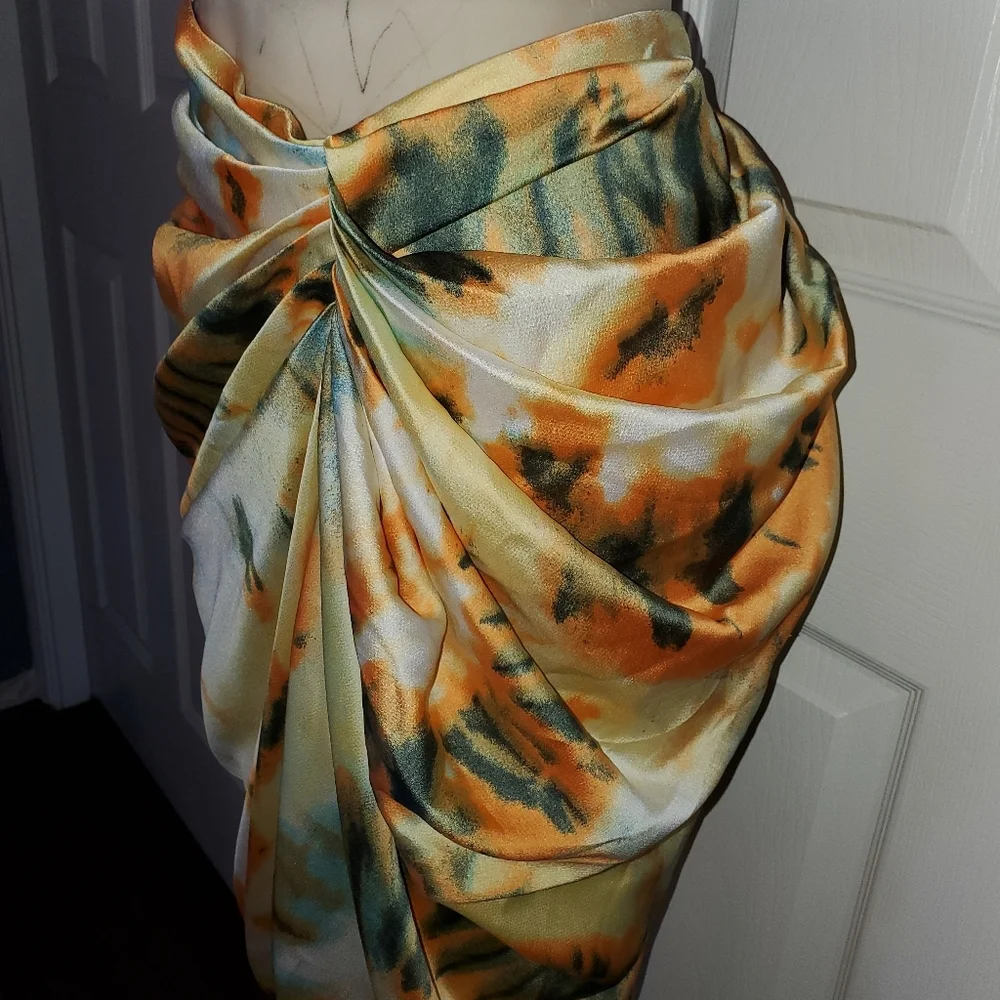 Orange Tie Dye Ruched Side Midi Skirt Open Side Beachy Sexy Sophisticated 6